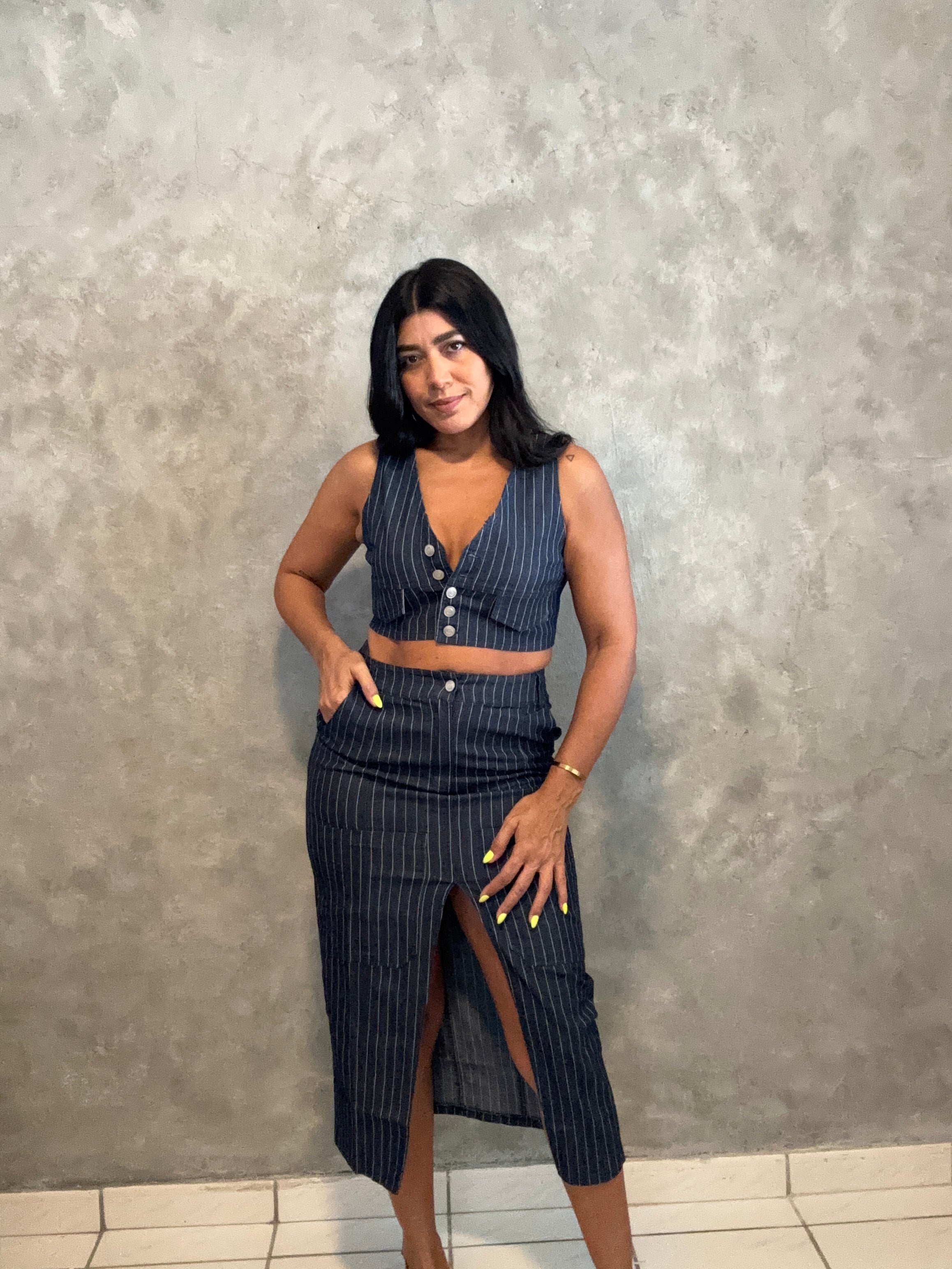 DENIM STRIPE MIDI CARGO SKIRT