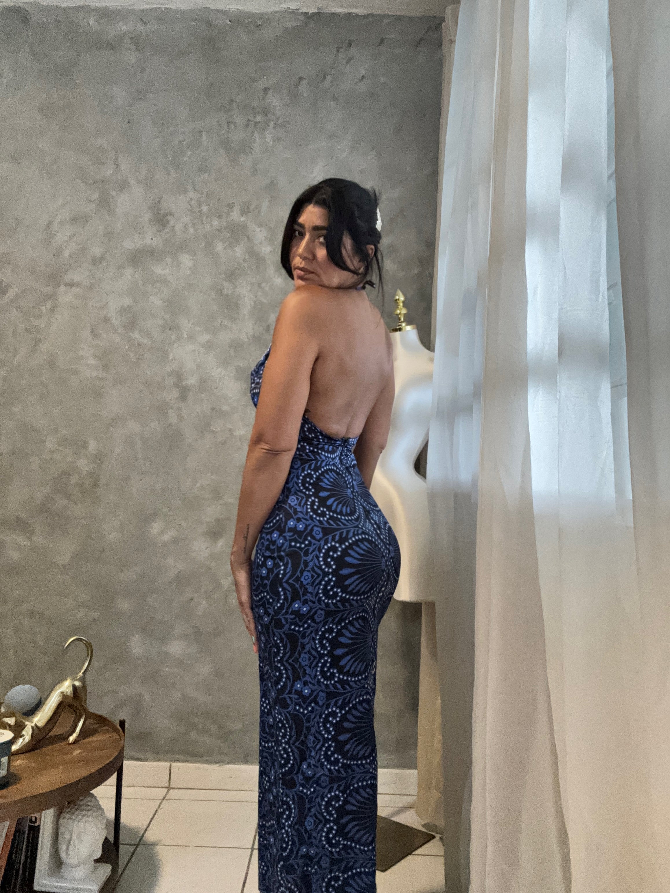 Abstract Floral Print Halter Maxi Dress