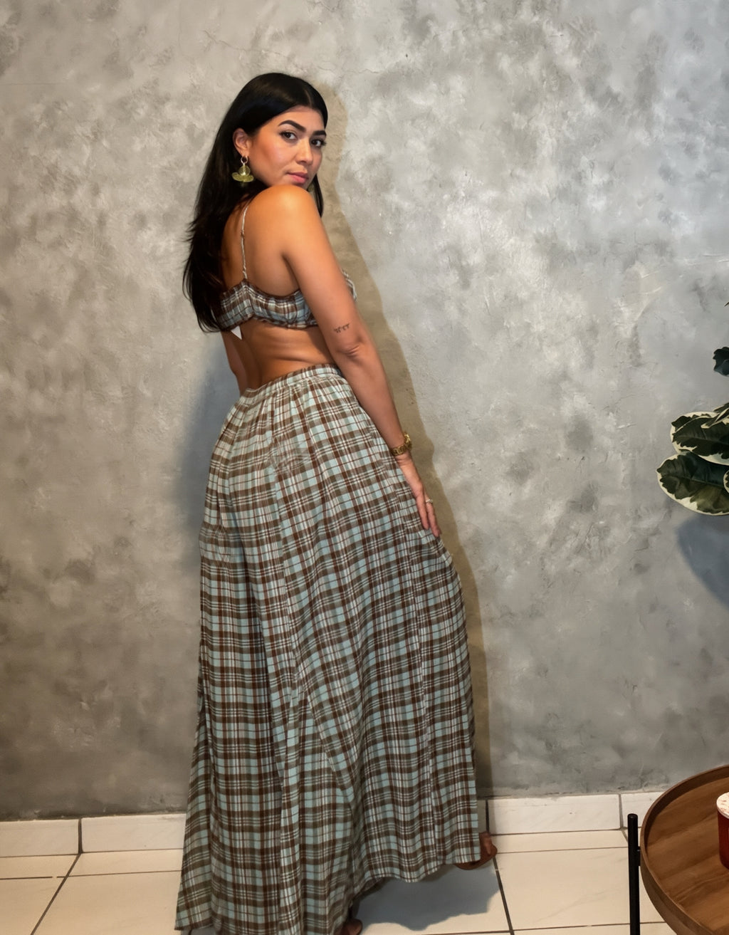Plaid Print Ruched Top And Wide Leg Pant Set