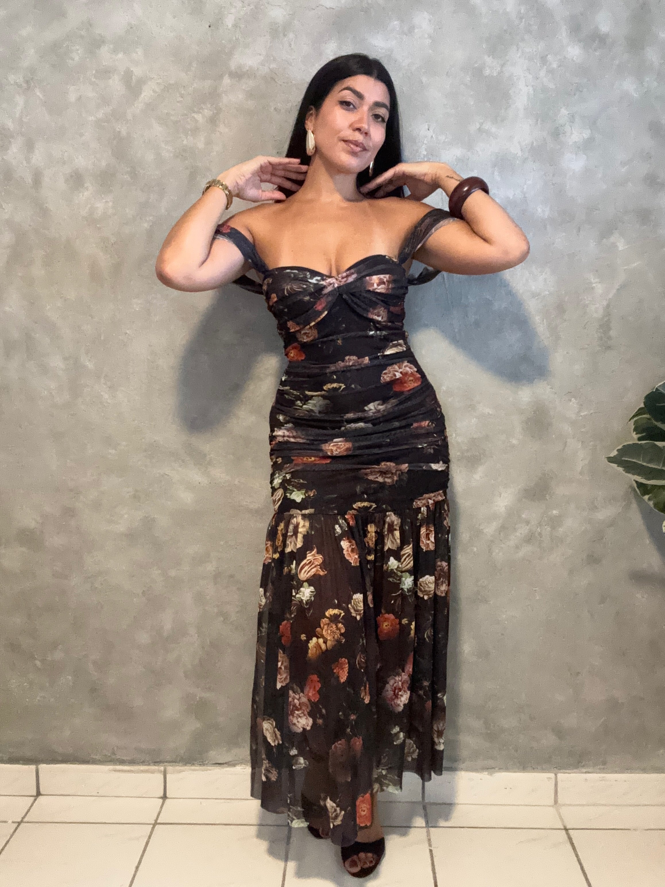 FLORAL PRINT MESH OFF SHOULDER MAXI DRESS