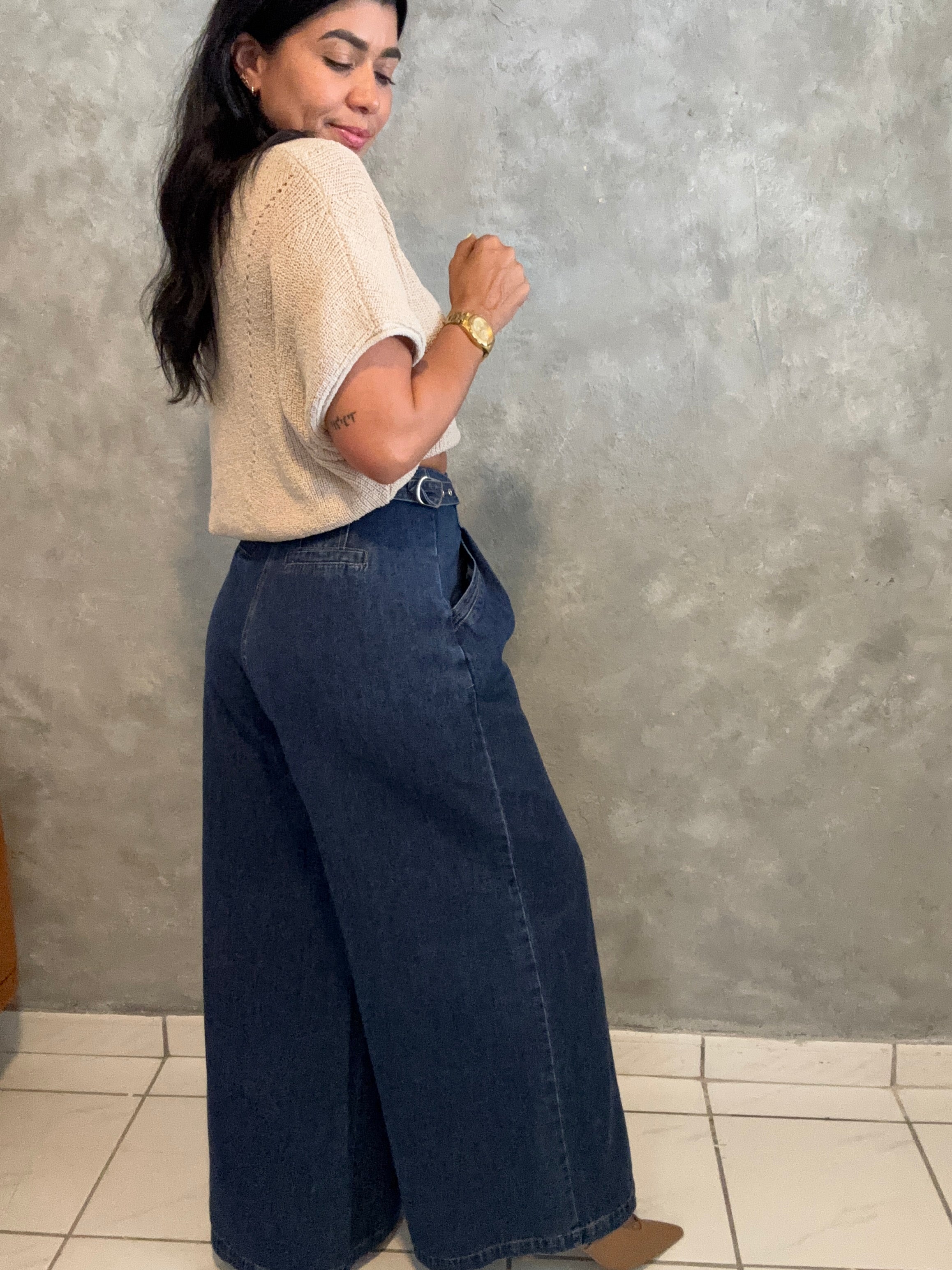WIDE LEG PLEATED DENIM