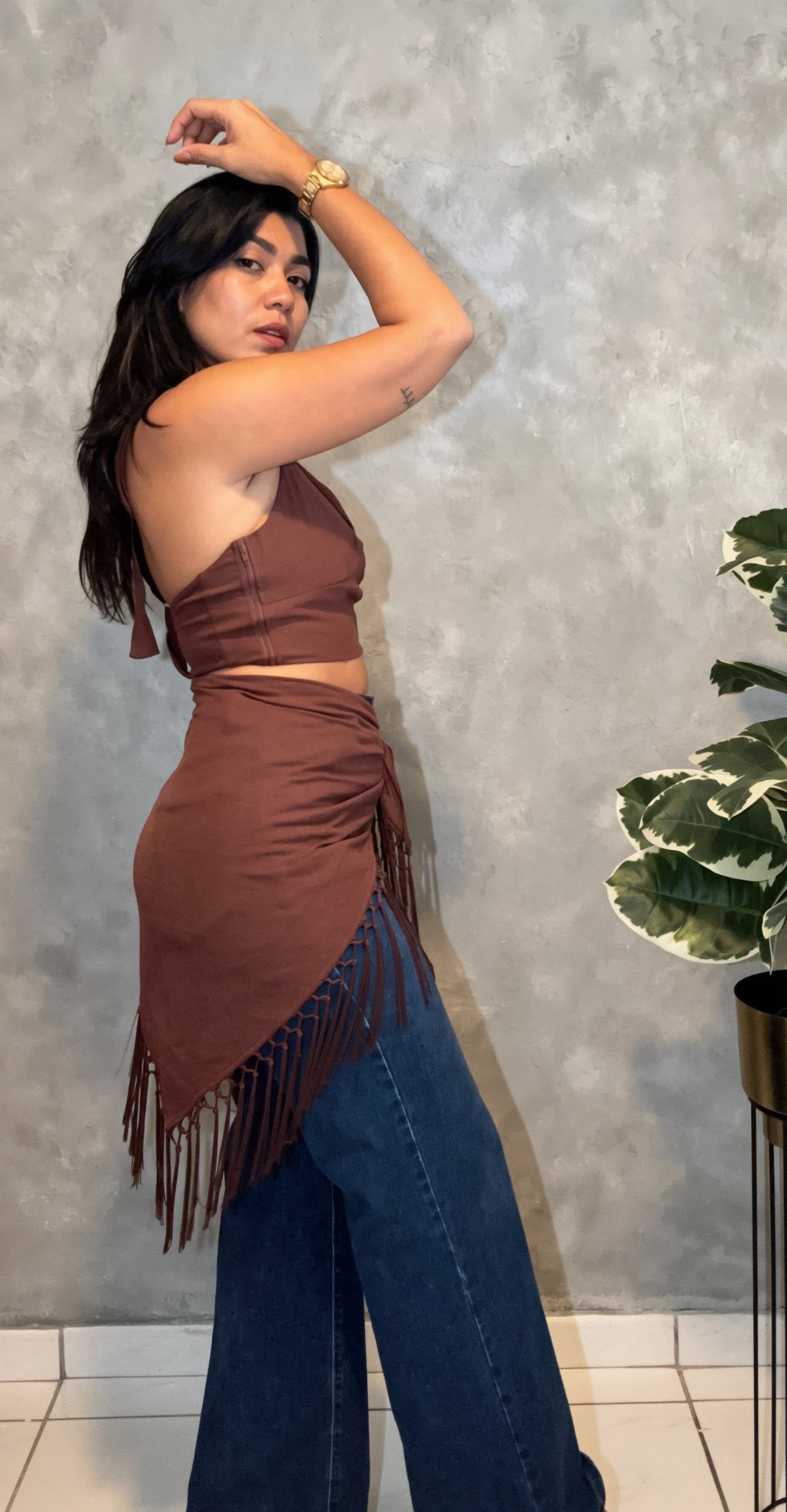 Fringe Wrap Three Piece Set Top Pants Scarf