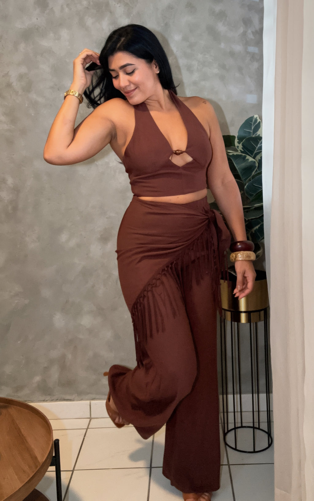 Fringe Wrap Three Piece Set Top Pants Scarf