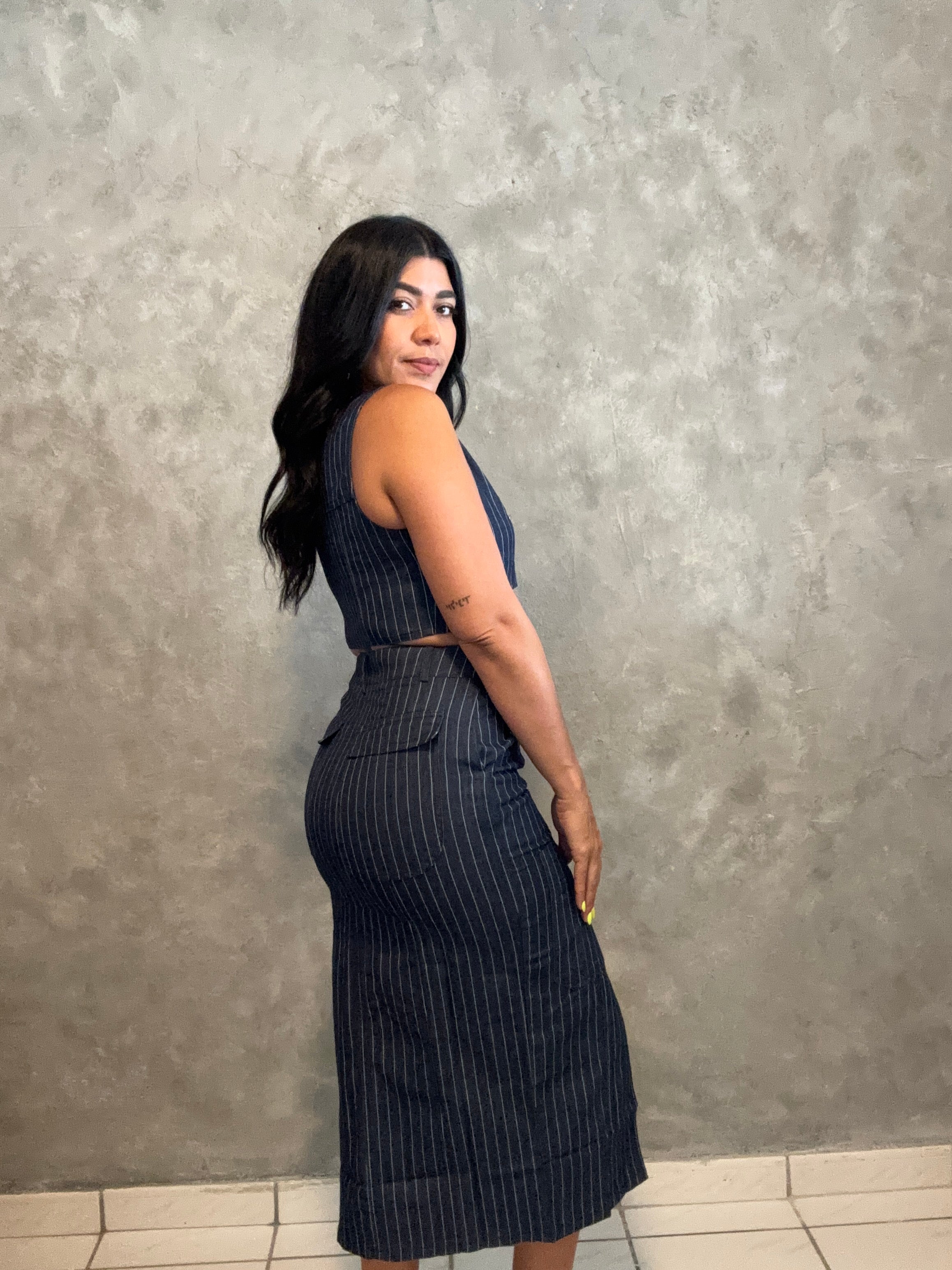 DENIM STRIPE MIDI CARGO SKIRT