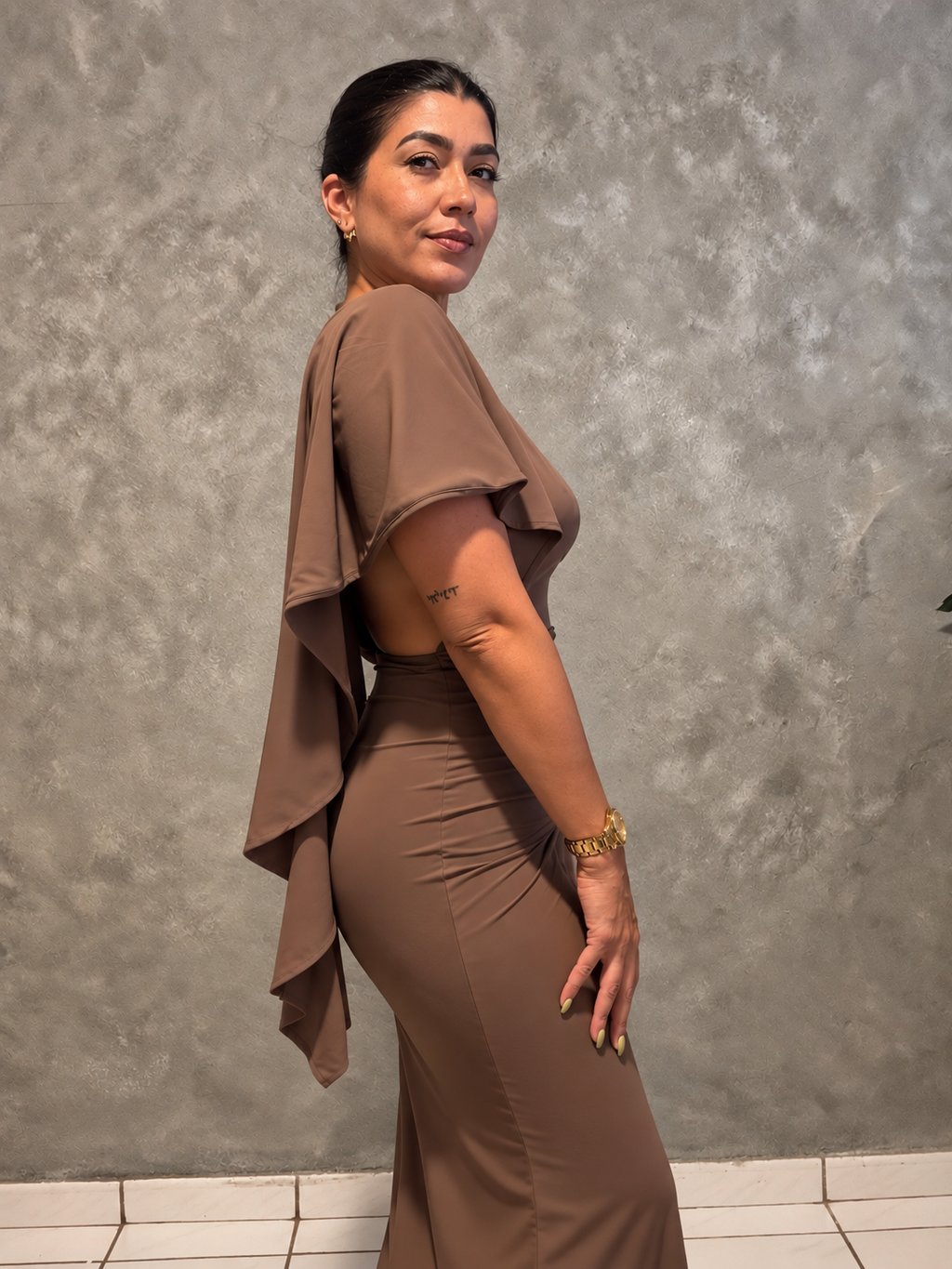 Draped Open Back Ruched Maxi Dress