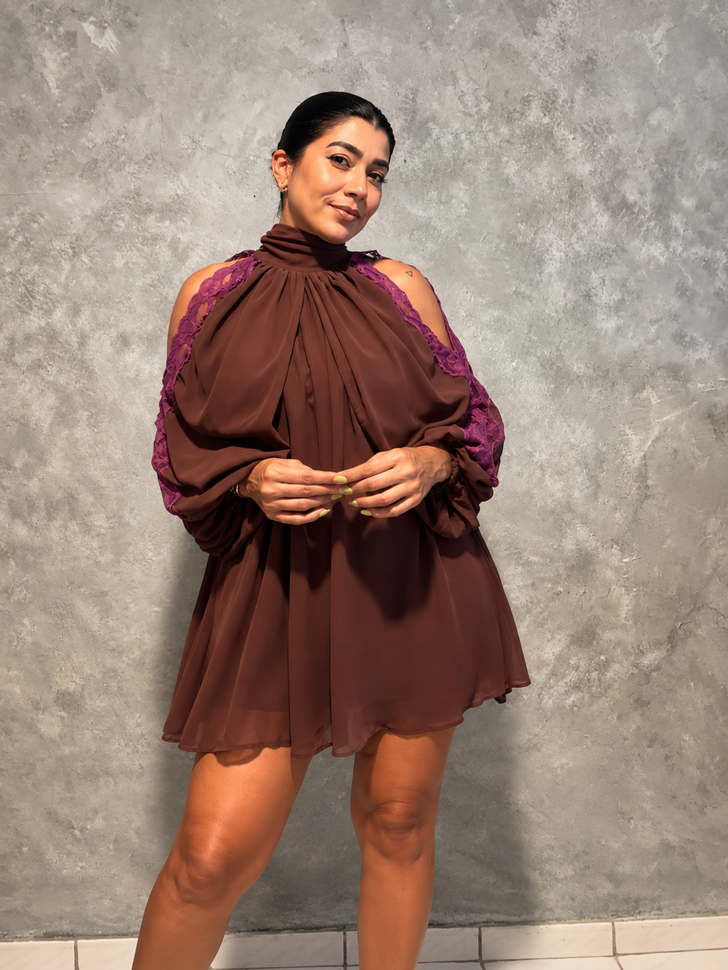 Chiffon Mini Dress With Contrast Lace Shoulder
