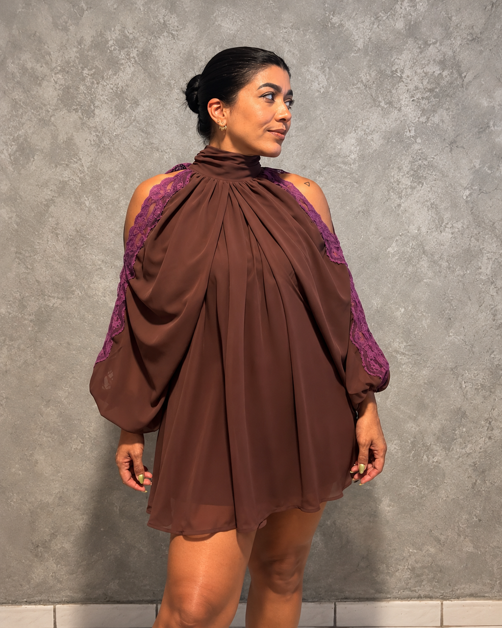 Chiffon Mini Dress With Contrast Lace Shoulder
