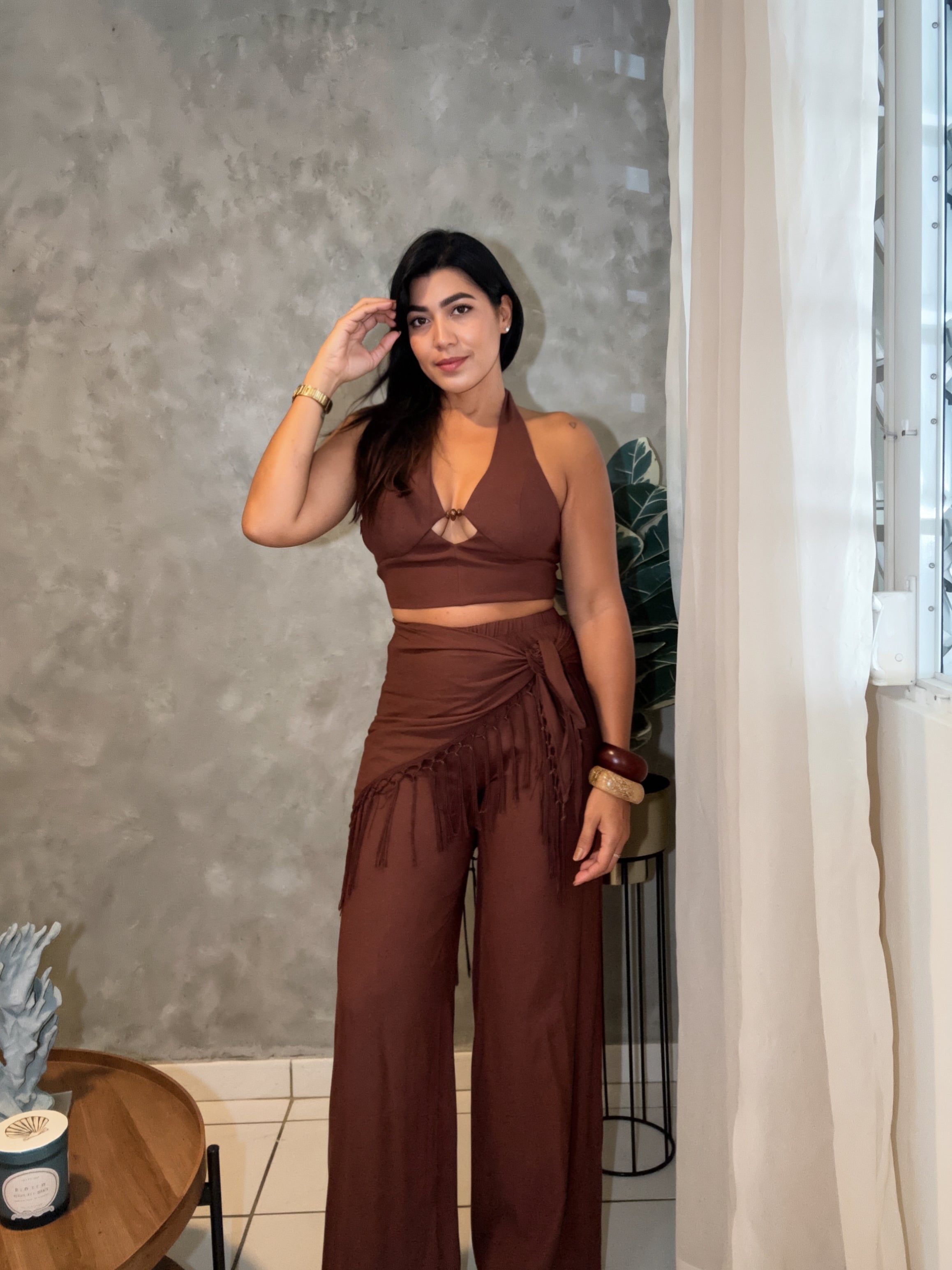 Fringe Wrap Three Piece Set Top Pants Scarf