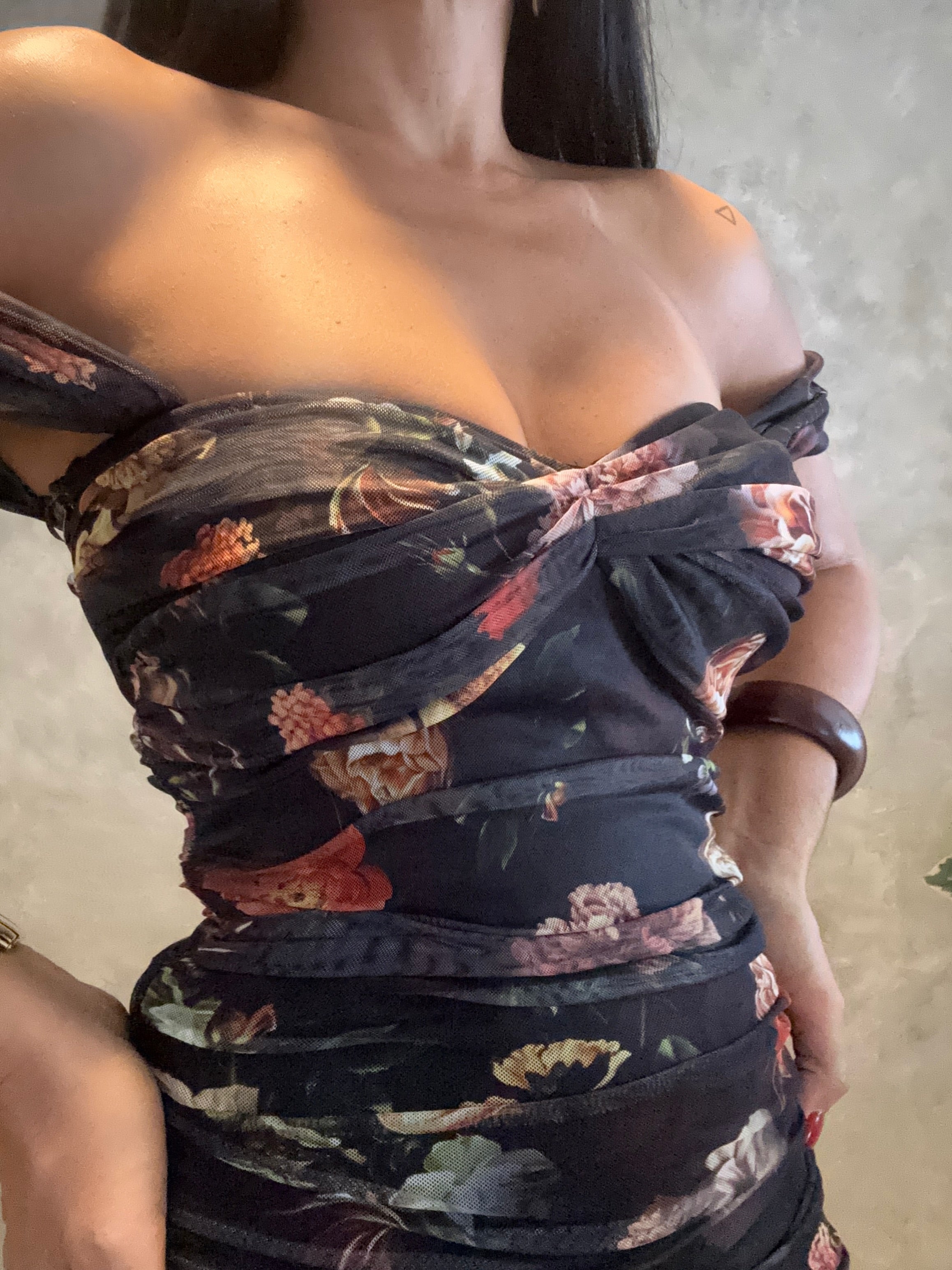 FLORAL PRINT MESH OFF SHOULDER MAXI DRESS