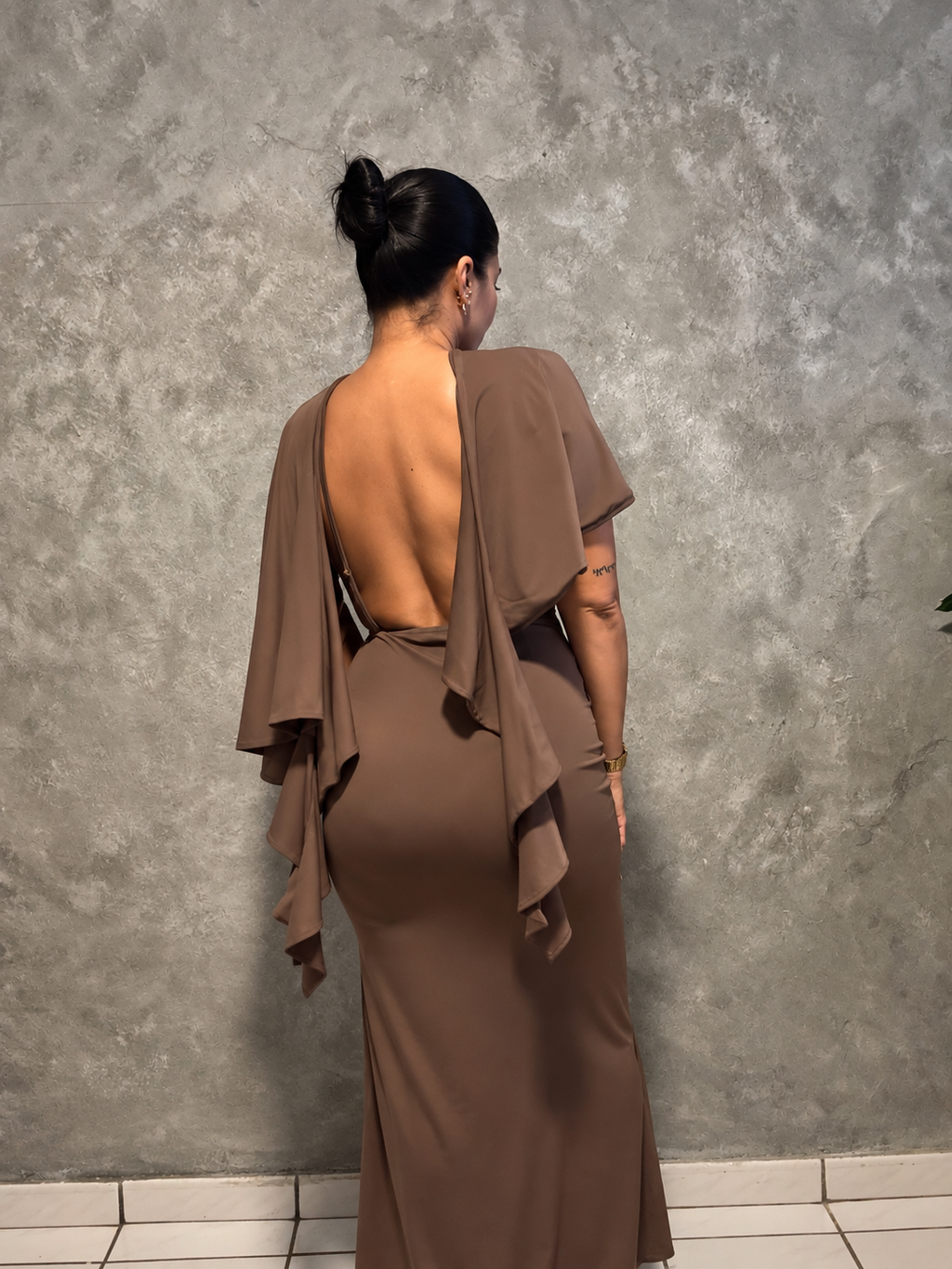 Draped Open Back Ruched Maxi Dress