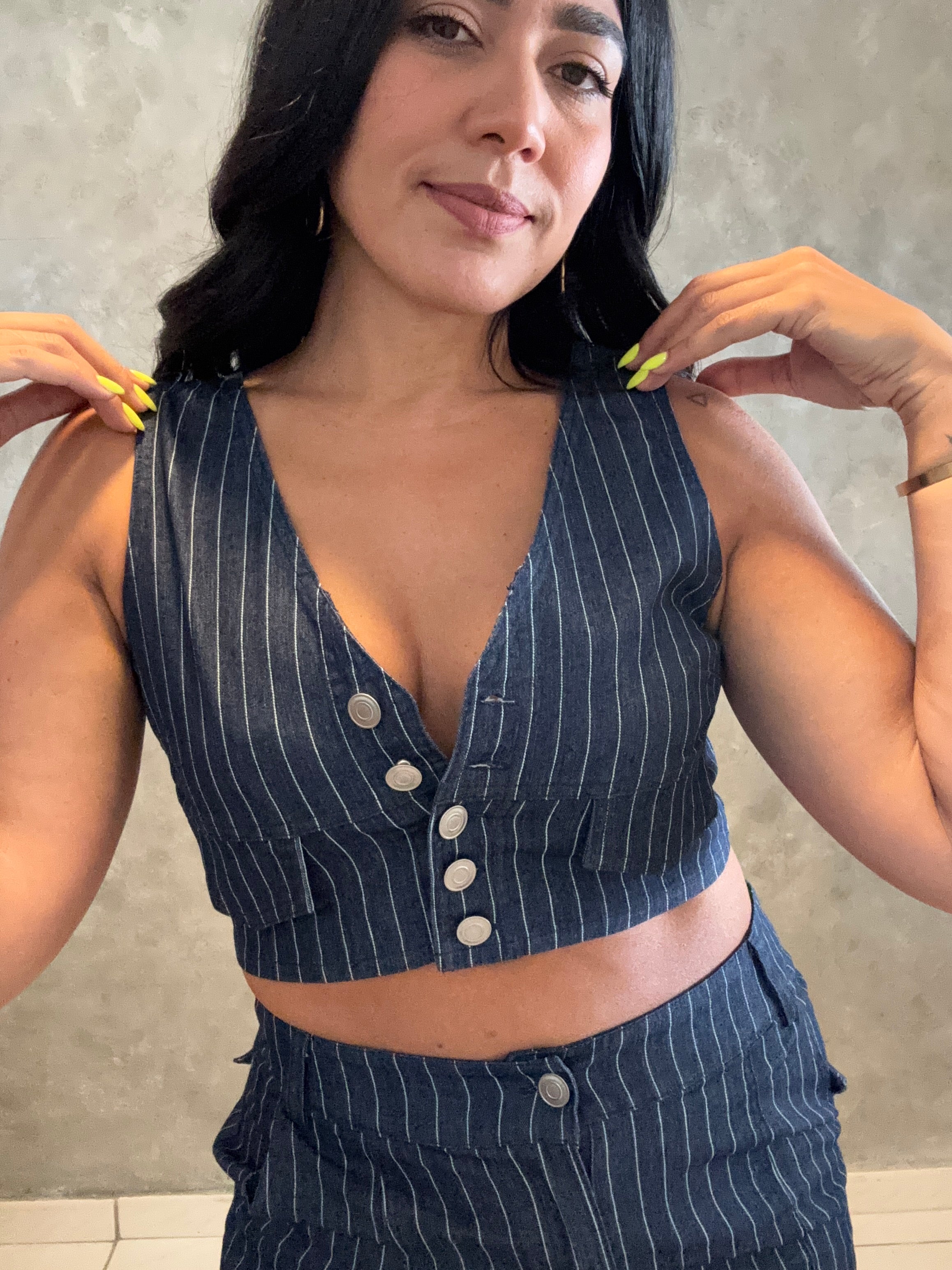 DENIM STRIPE CROP VEST