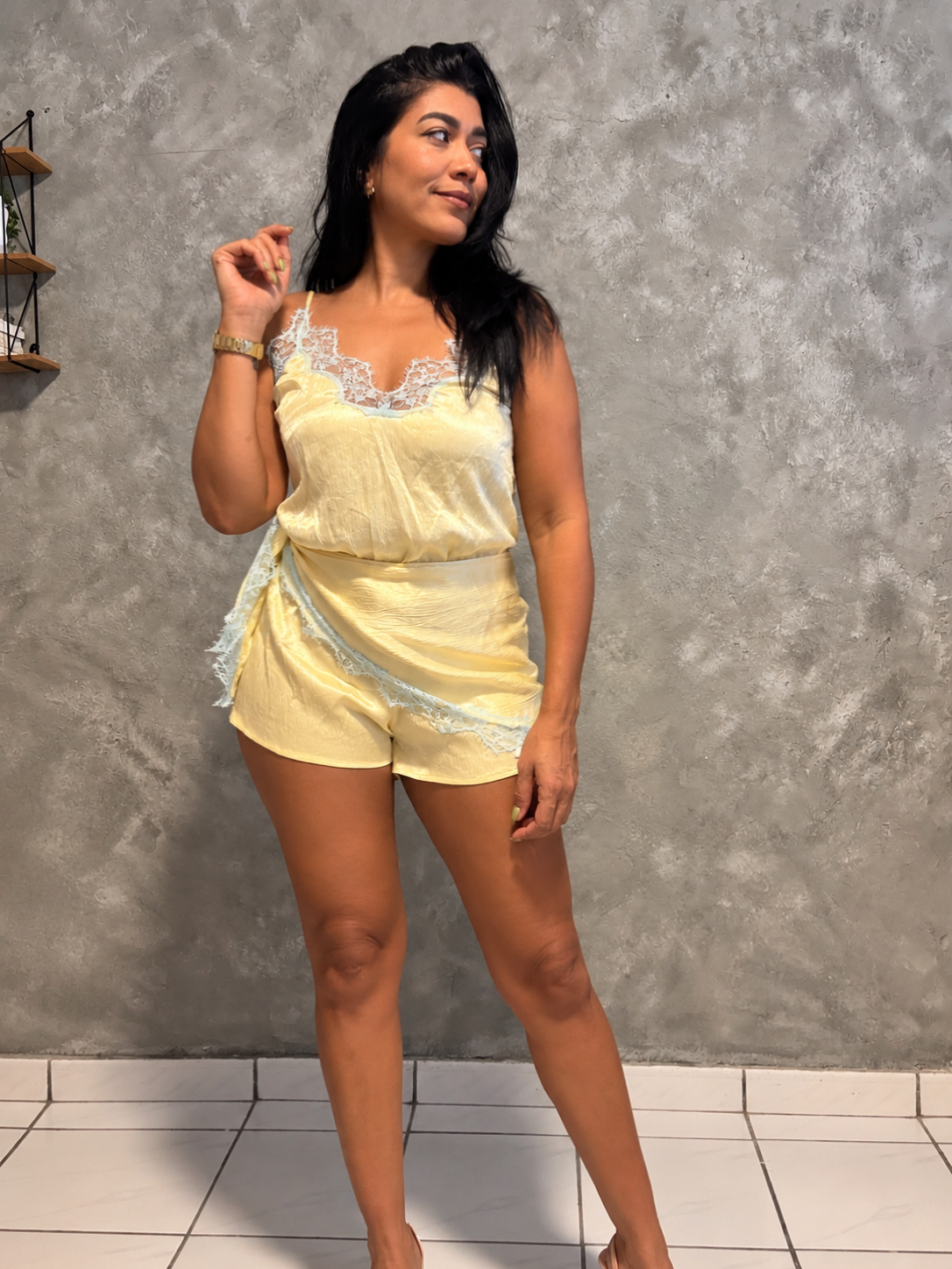 Lace Trim Satin Romper With Scarf