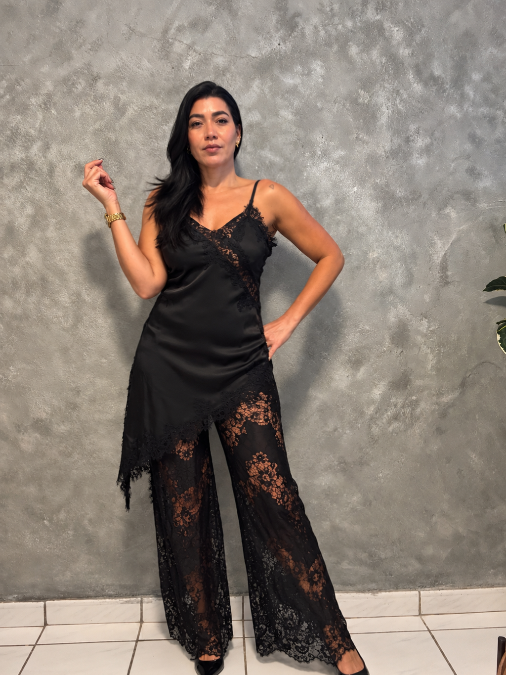 Satin Lace Trim Cami And Pants Set