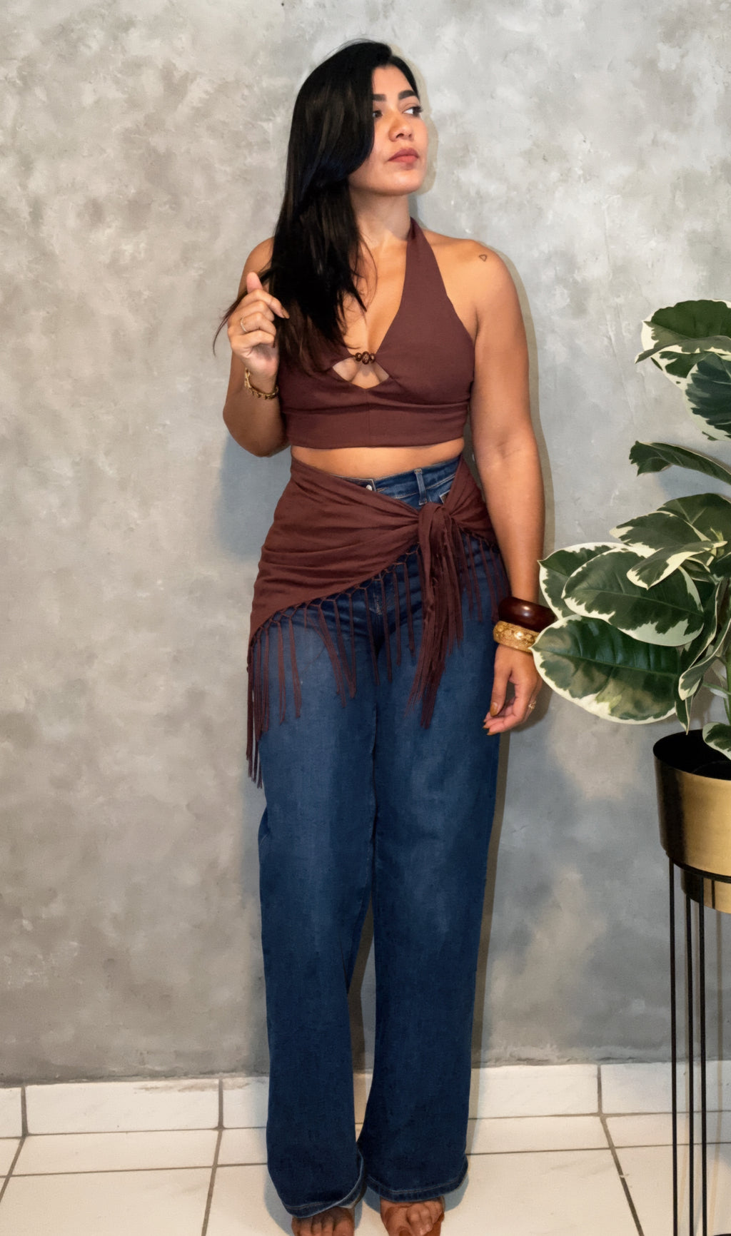 Fringe Wrap Three Piece Set Top Pants Scarf