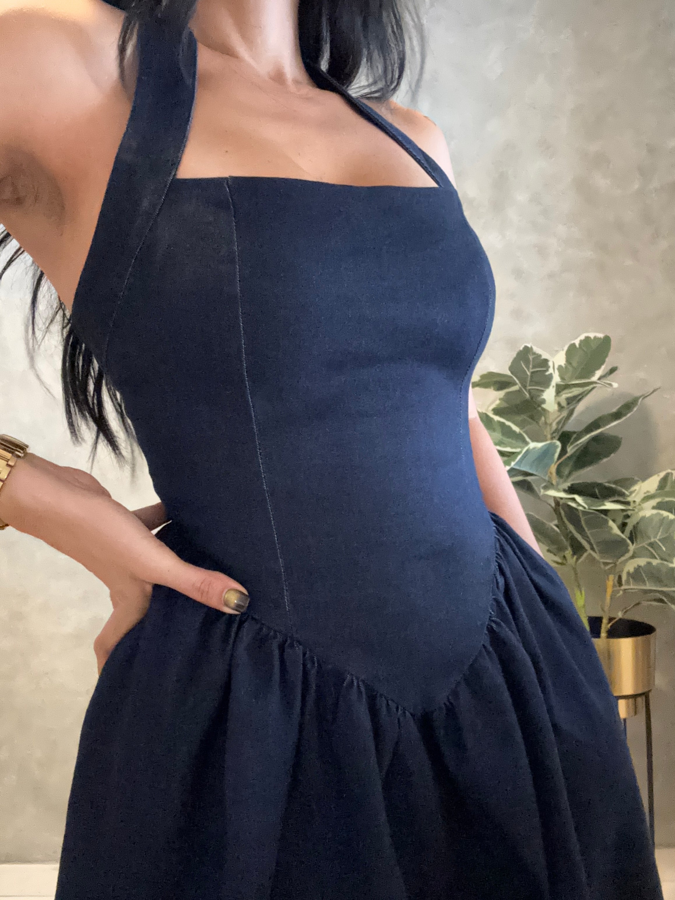 DARK DENIM HALTER MIDI DRESS