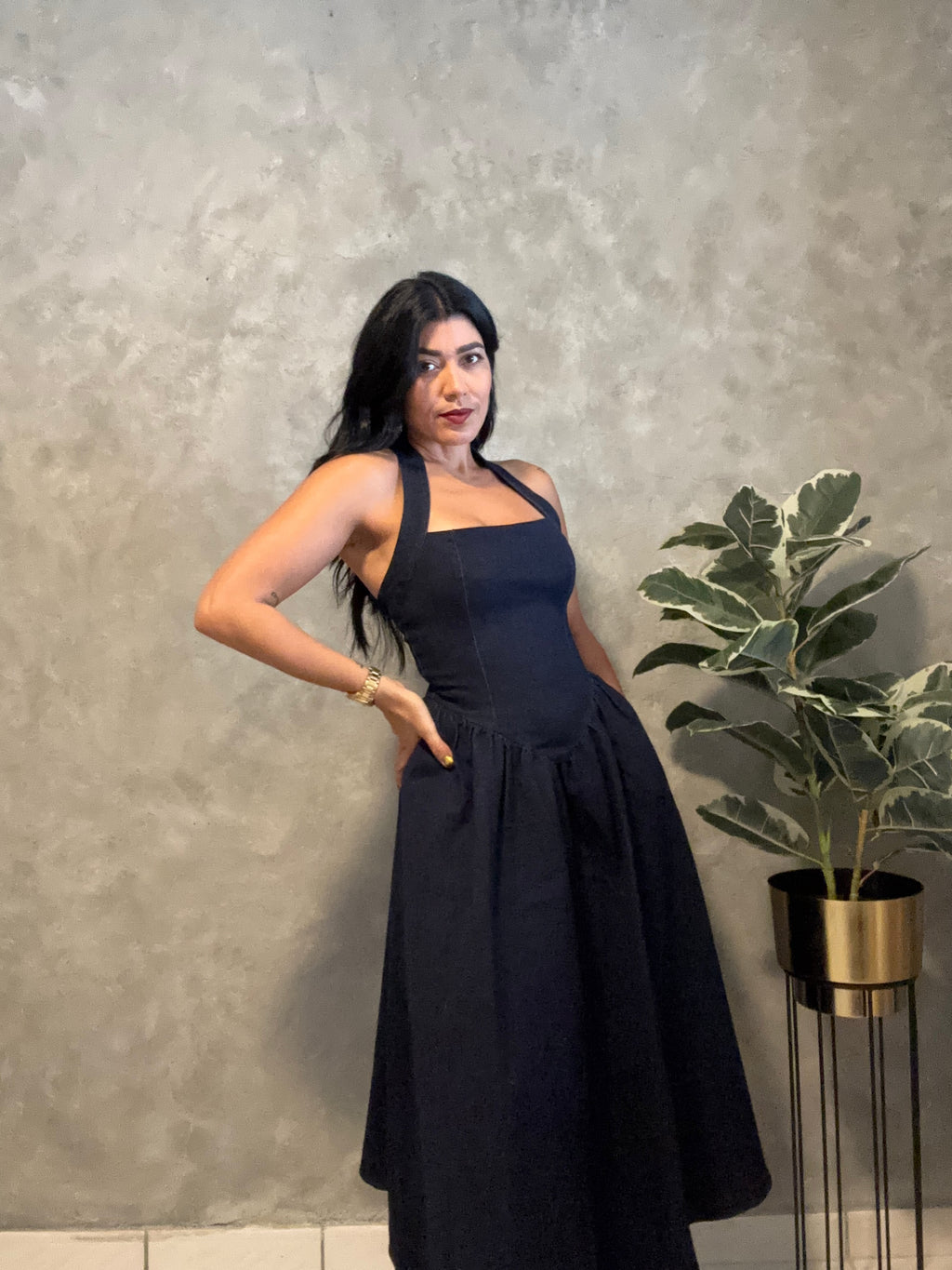 DARK DENIM HALTER MIDI DRESS